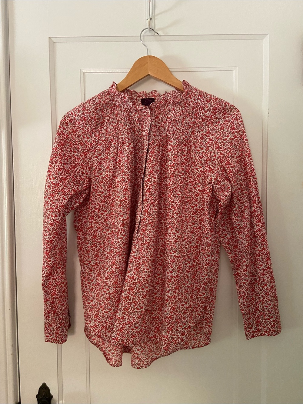 J. Crew ruffle classic popover shirt in red Liberty print, size 12
